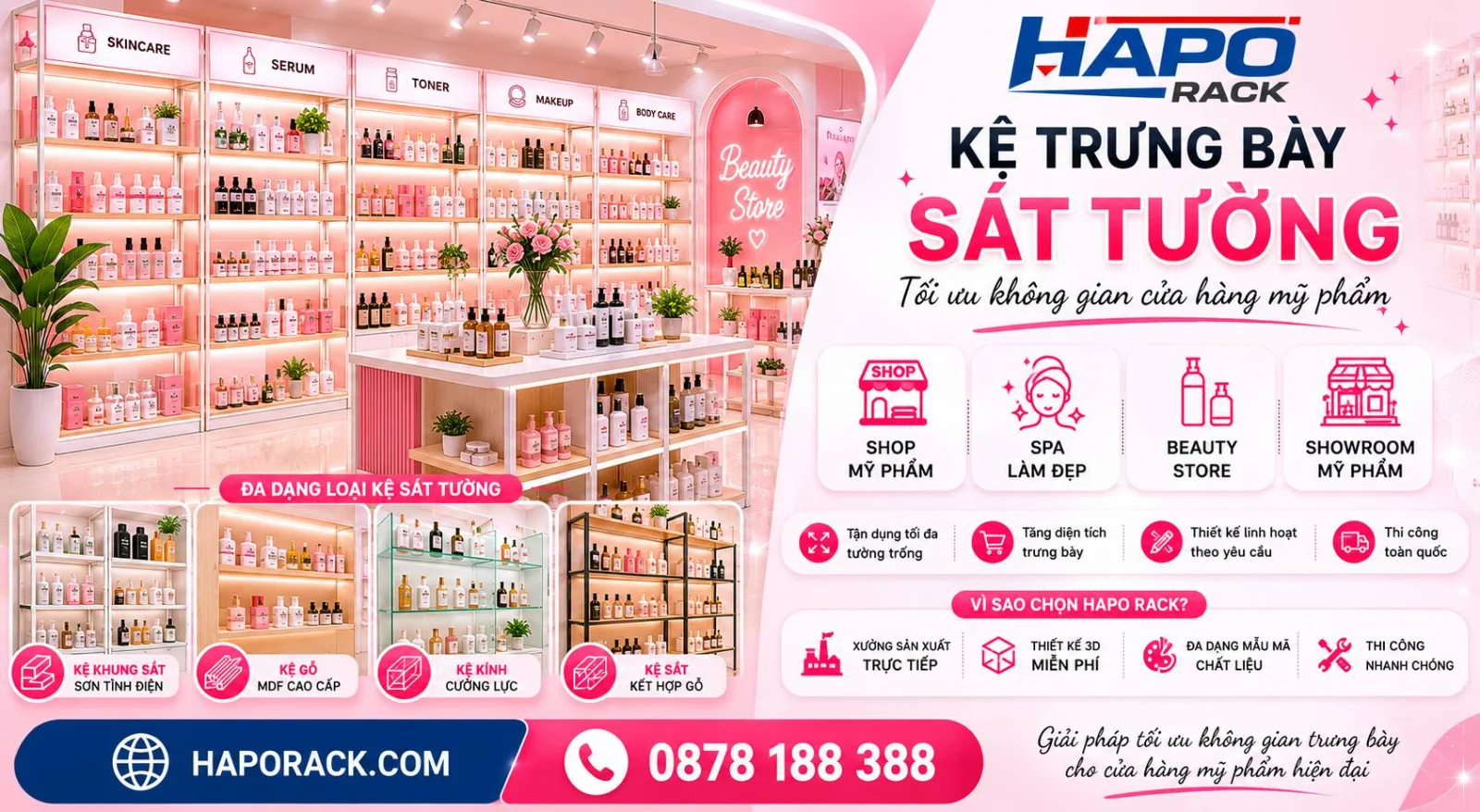 Kệ Cửa Hàng Mỹ Phẩm Sát Tường Đẹp, Chuyên Nghiệp