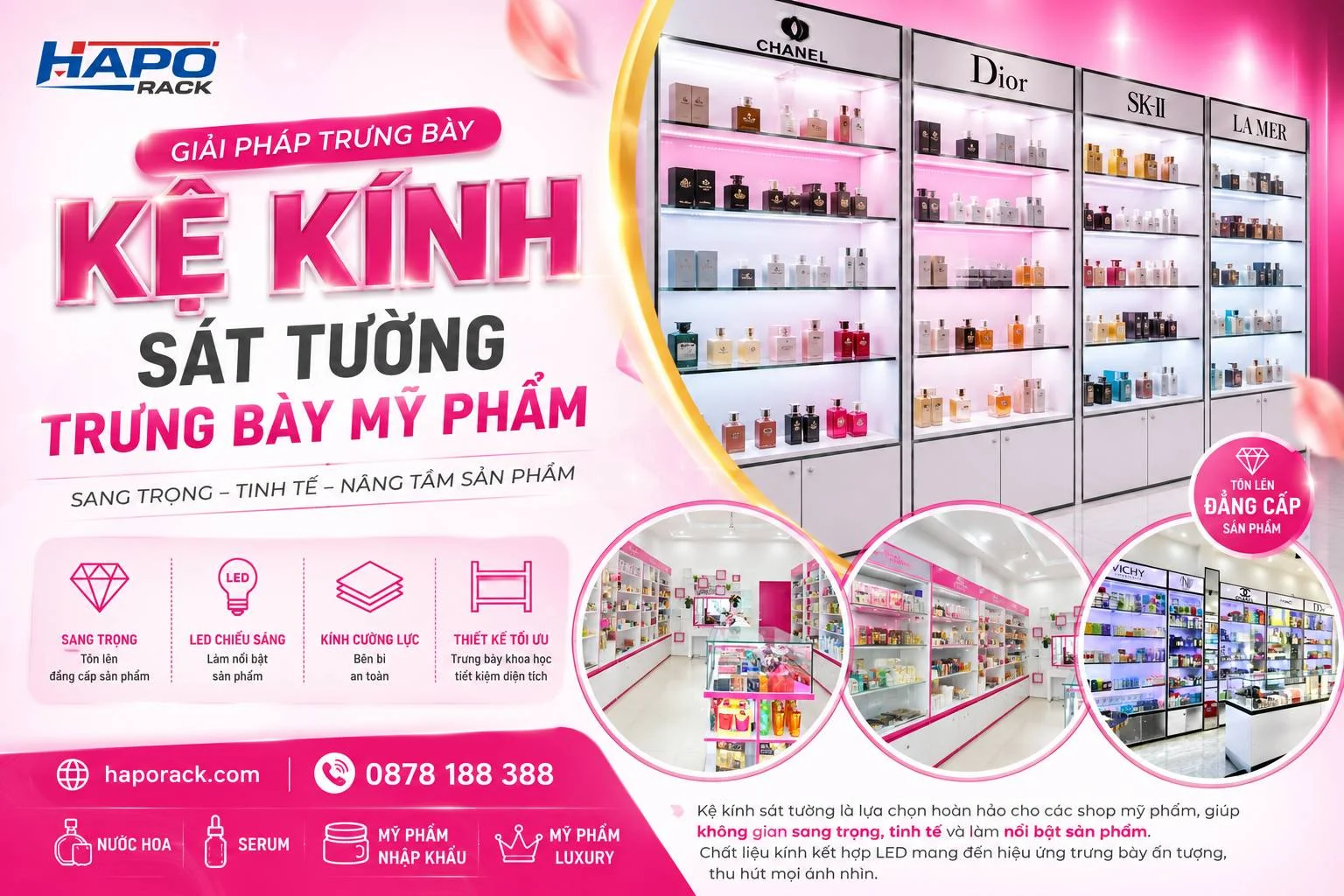 Kệ Sát Tường Cho Cửa Hàng Mỹ Phẩm Đẹp, Bền