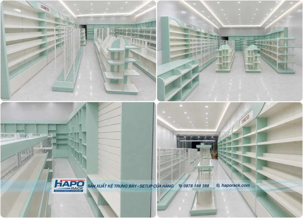 Kệ Trưng Bày Mỹ Phẩm Sát Tường Đẹp Cho Shop