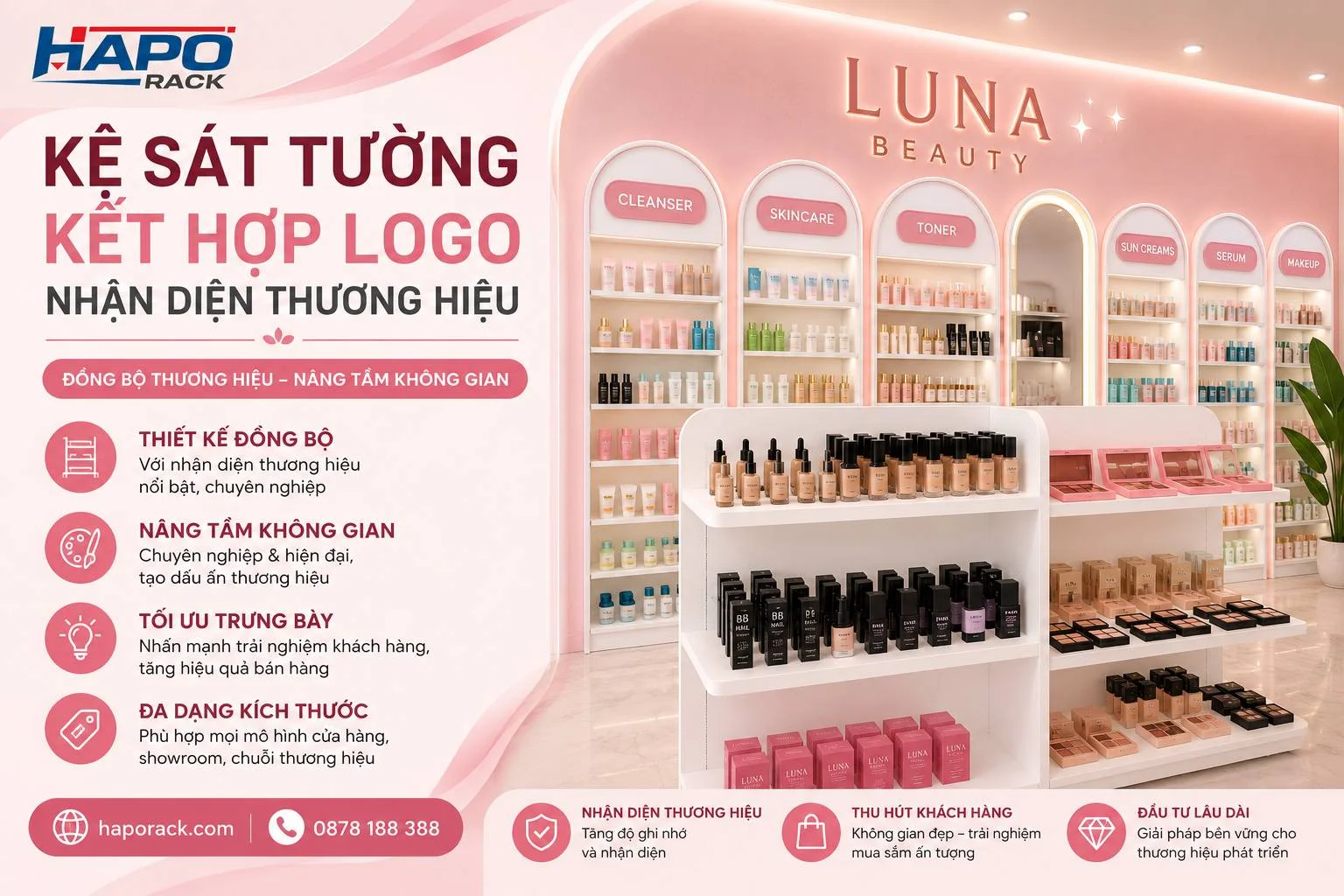 Kệ Trưng Bày Mỹ Phẩm Sát Tường Theo Yêu Cầu