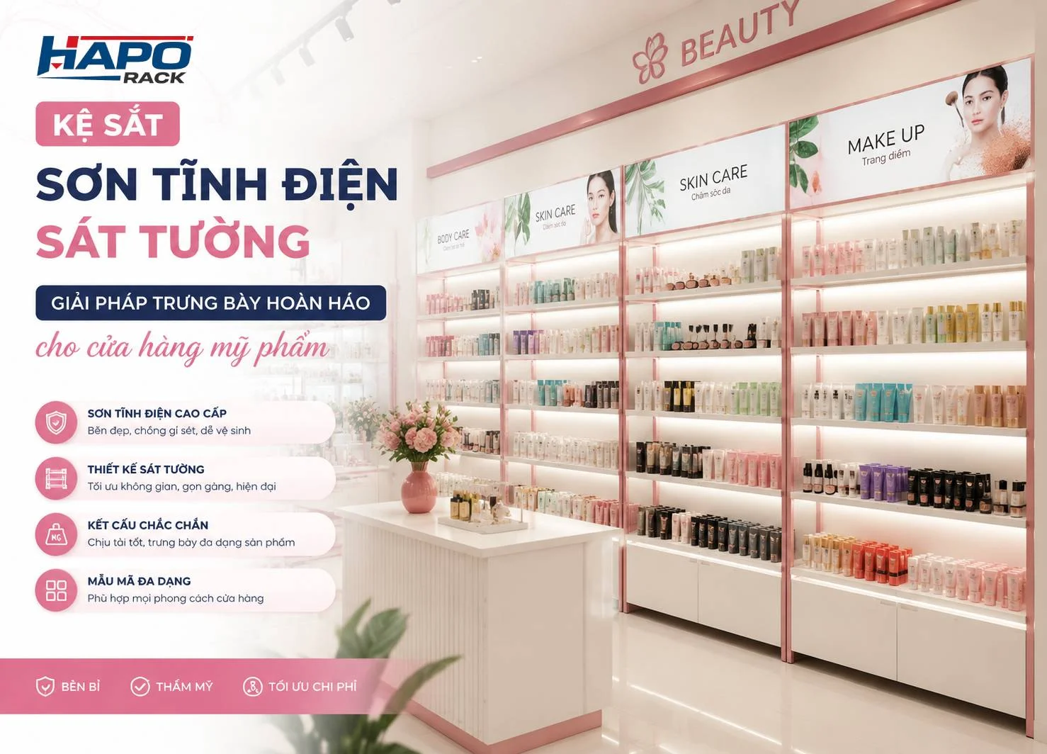 Kệ Trưng Bày Sát Tường Cho Cửa Hàng Mỹ Phẩm Đẹp