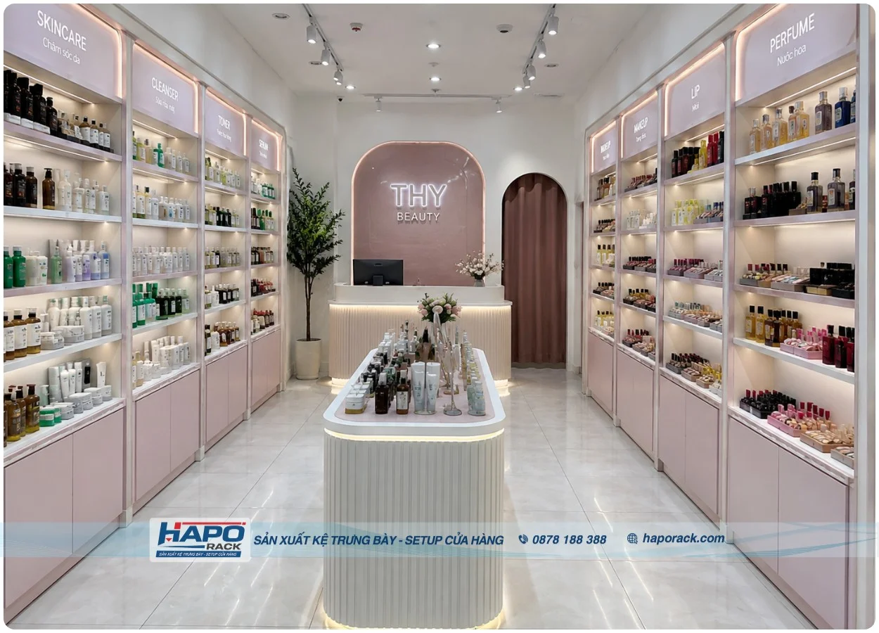 Kệ Trưng Bày Sát Tường Cho Cửa Hàng Mỹ Phẩm Đẹp