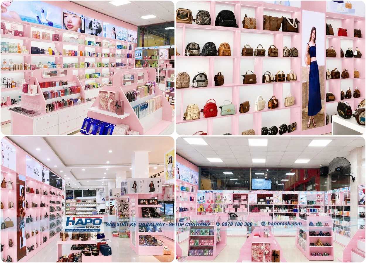 Kệ Trưng Bày Sát Tường Cho Shop Mỹ Phẩm Hiện Đại