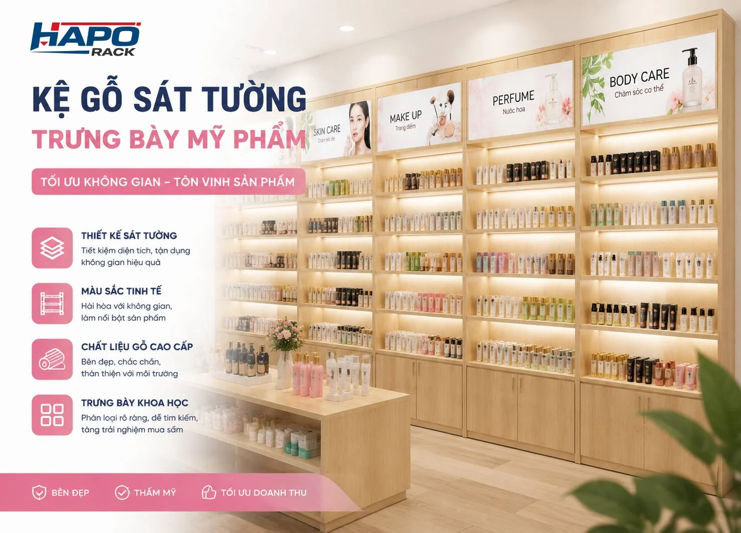 Kệ Trưng Bày Sát Tường Cho Shop Mỹ Phẩm Hiện Đại
