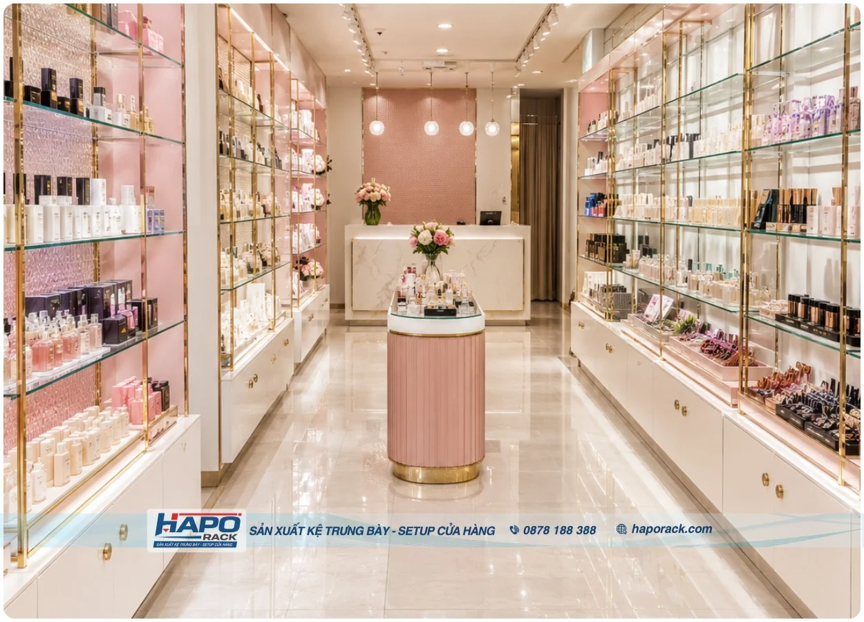 Kệ Trưng Bày Sát Tường Cho Shop Mỹ Phẩm Hiện Đại