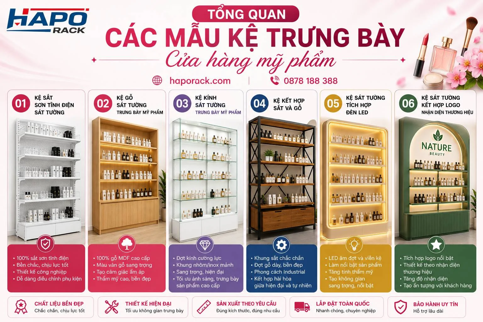Kệ Trưng Bày Sát Tường Mỹ Phẩm Tối Ưu Diện Tích