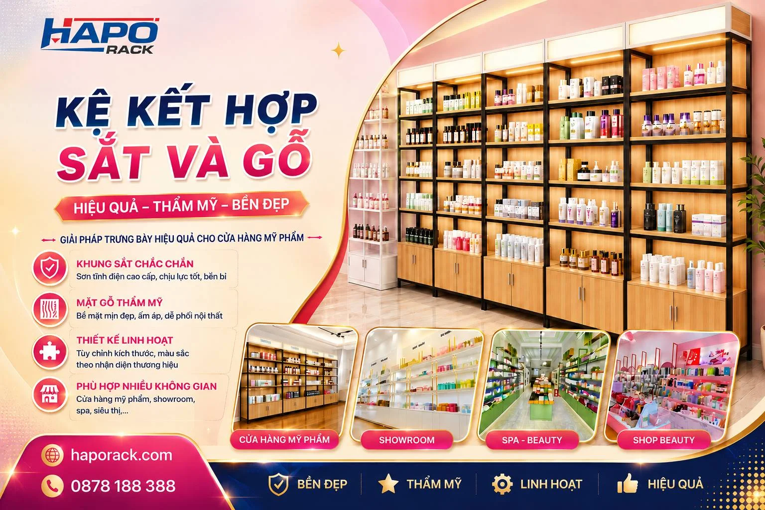 Kệ Trưng Bày Sát Tường Mỹ Phẩm Tối Ưu Diện Tích