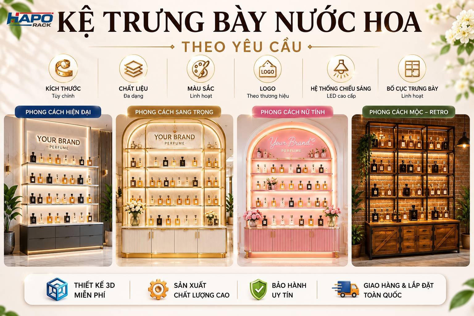Kệ Trưng Bày Nước Hoa - Thiết Kế 3D & Sản Xuất Theo Yêu Cầu