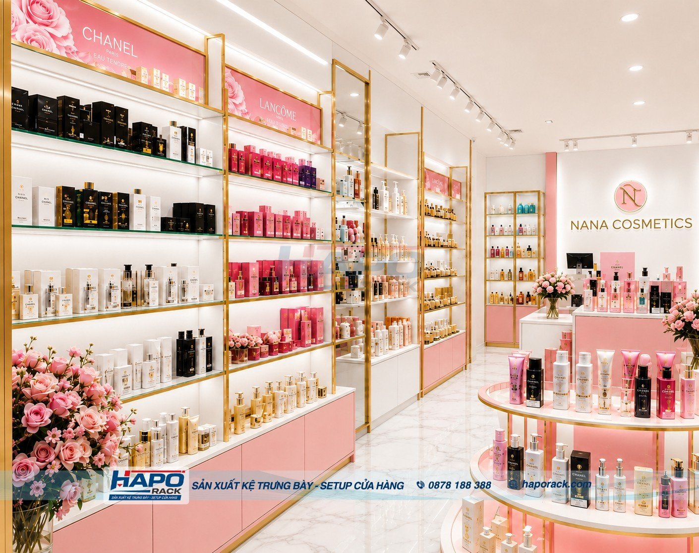 HAPO Rack Thi Công Kệ Trưng Bày Mỹ Phẩm NANA COSMETICS Tại P. Mỹ Tho