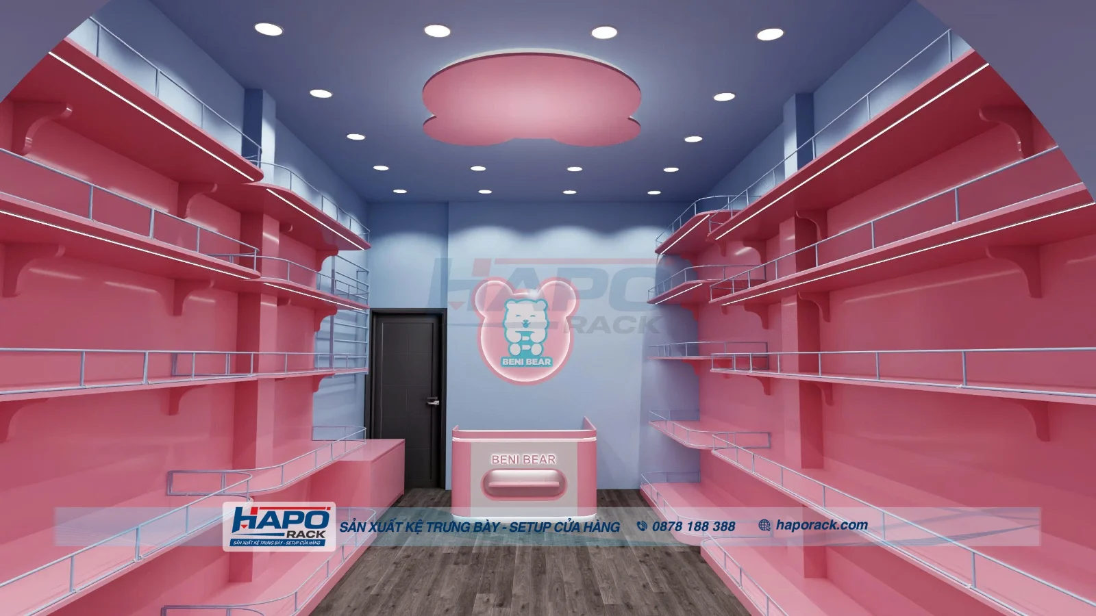 Dự Án Kệ Trưng Bày Shop Gấu Bông BENI BEAR – Từ Thiết Kế 3D Đến Thi Công Thực Tế