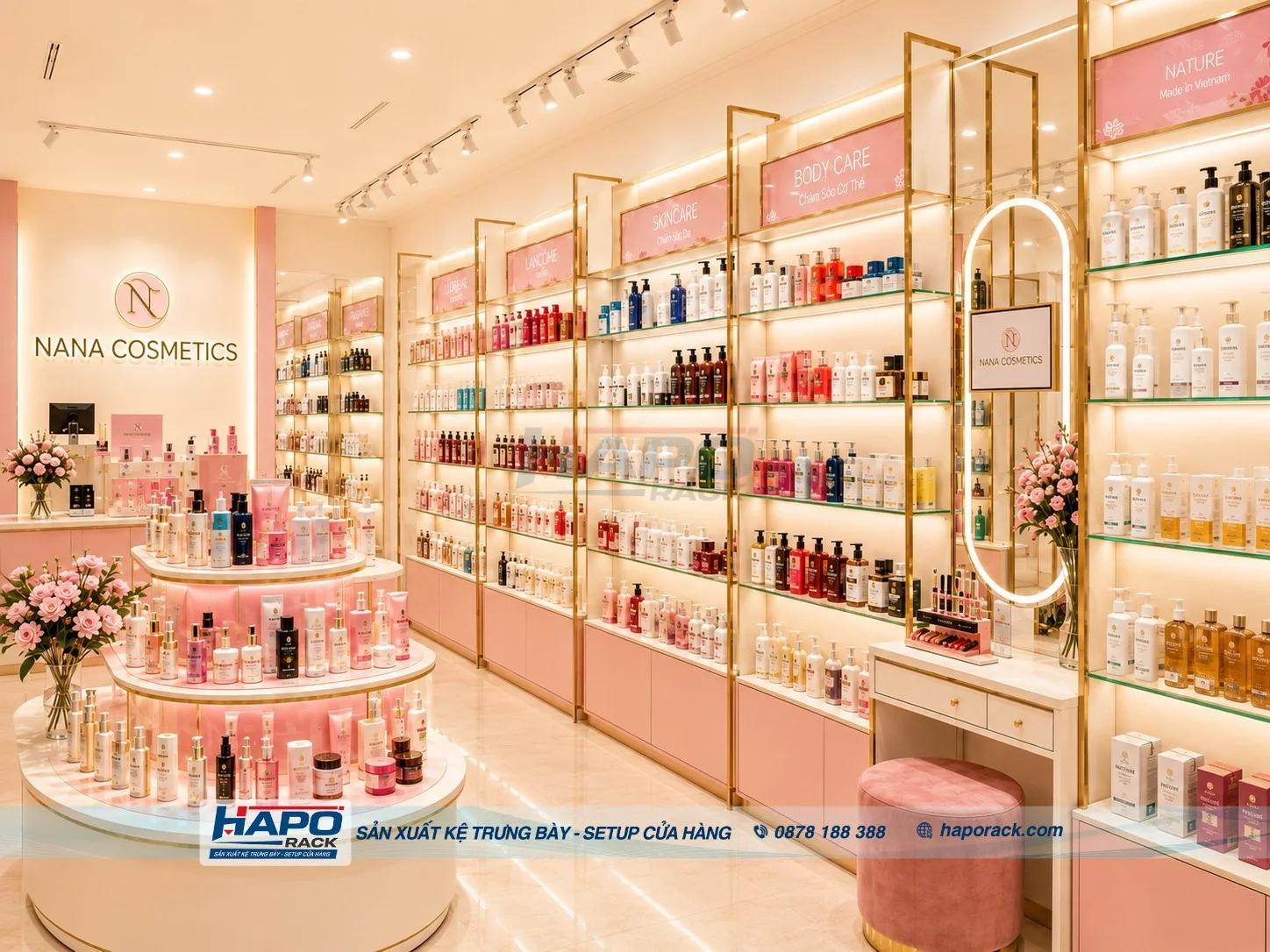 Dự Án Setup Shop Mỹ Phẩm NANA COSMETICS Tone Hồng Pastel Cao Cấp