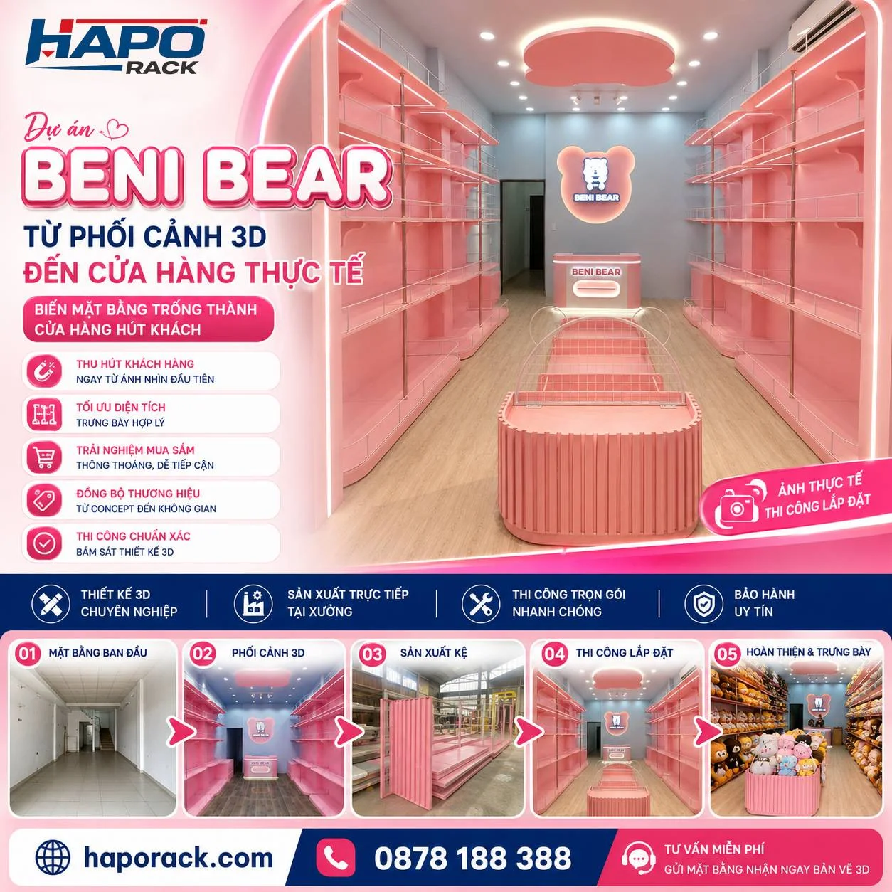 Dự Án Thi Công Kệ Trưng Bày Cửa Hàng Gấu Bông BENI BEAR Đẹp Ấn Tượng Tại TP.HCM