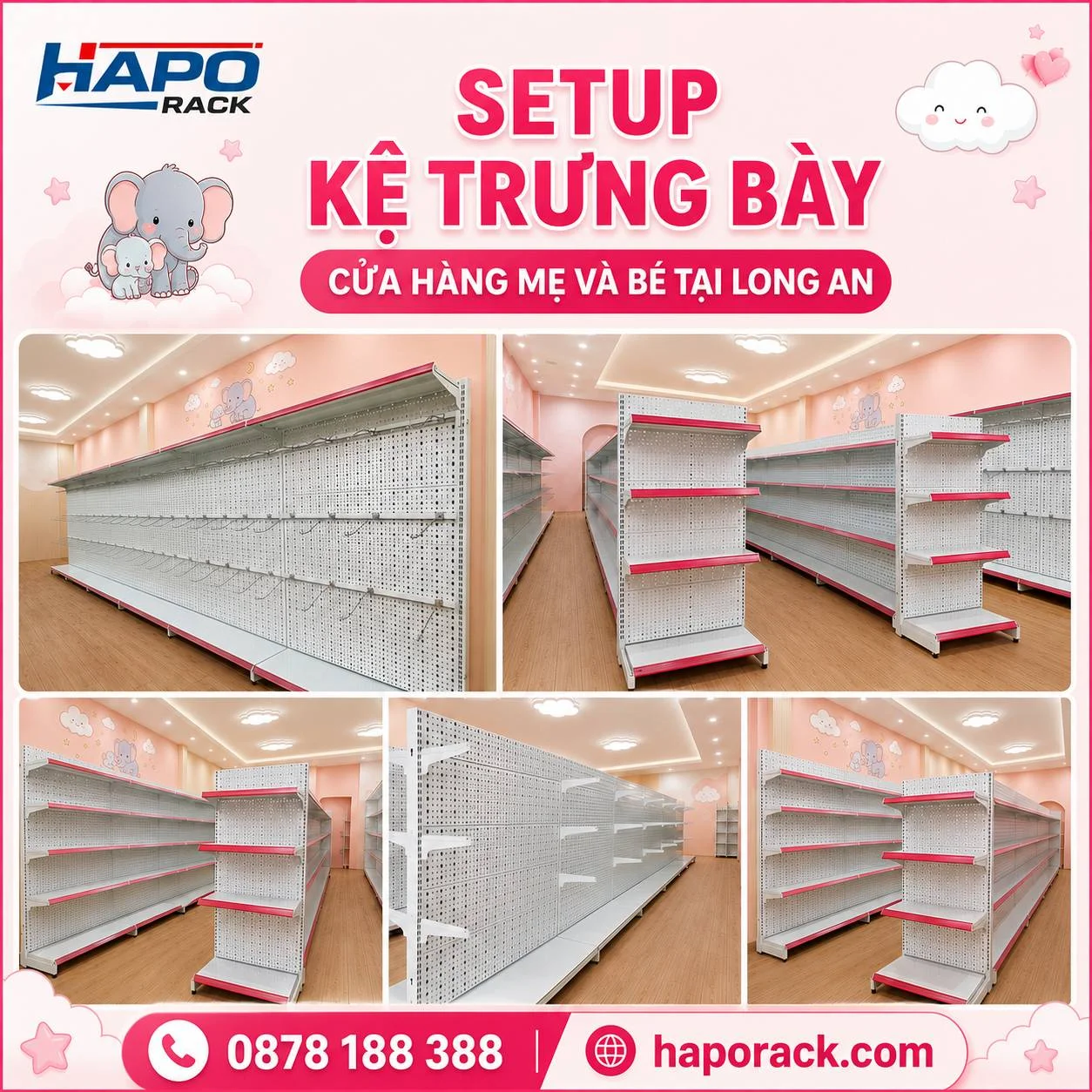 Dự án thi công kệ trưng bày cửa hàng mẹ và bé tại Bến Lức Long An