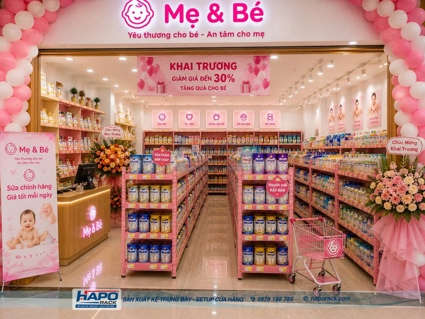 HAPO RACK Setup Kệ Trưng Bày Cửa Hàng Mẹ Và Bé Tại Đồng Xoài Bình Phước