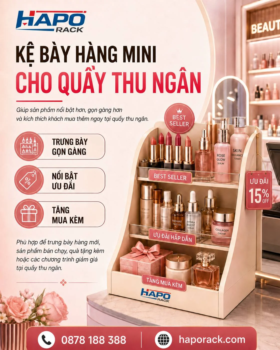 Kệ Bày Hàng Mini Tại Quầy Thu Ngân Cho Shop Mỹ Phẩm
