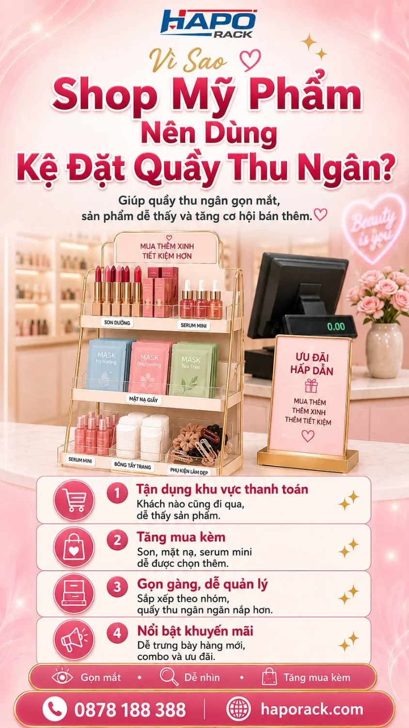 Kệ Mỹ Phẩm Đặt Quầy Thu Ngân Đẹp, Gọn, Dễ Bán Hàng