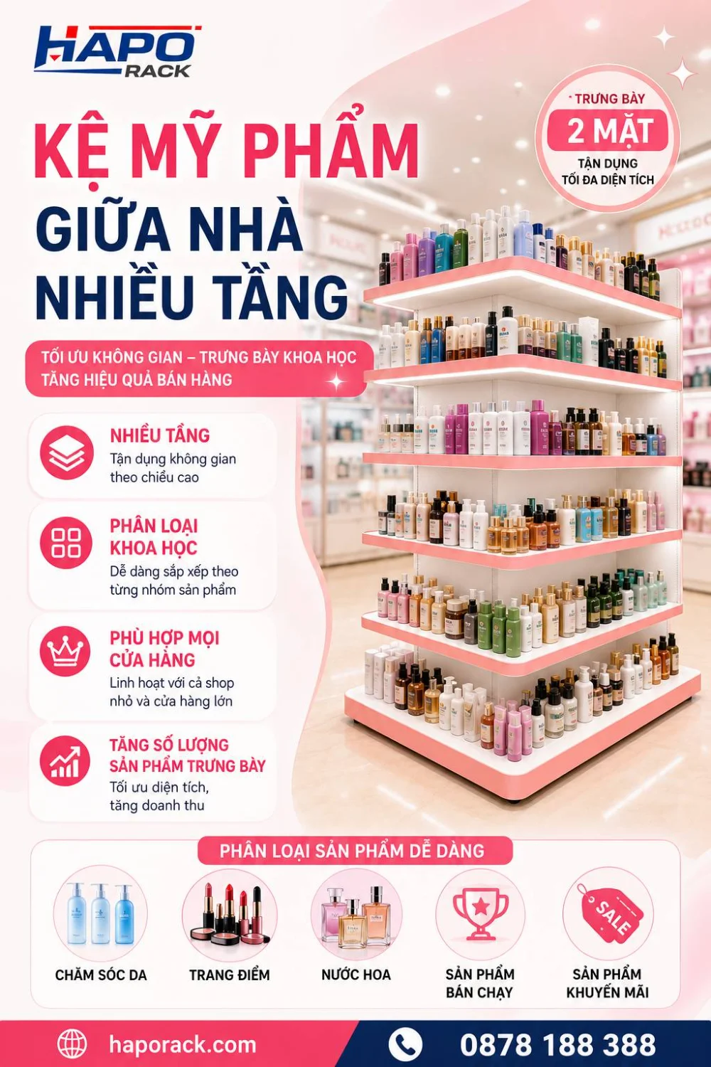 Kệ Mỹ Phẩm Giữa Nhà Hai Mặt – Giải Pháp Trưng Bày Gọn Gàng, Chuyên Nghiệp