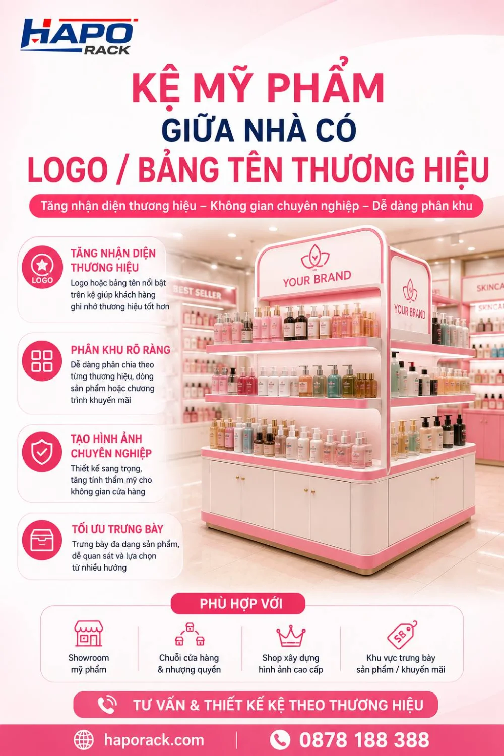 Kệ Mỹ Phẩm Giữa Nhà HAPO Rack – Bền Đẹp, Hiện Đại, Giá Xưởng