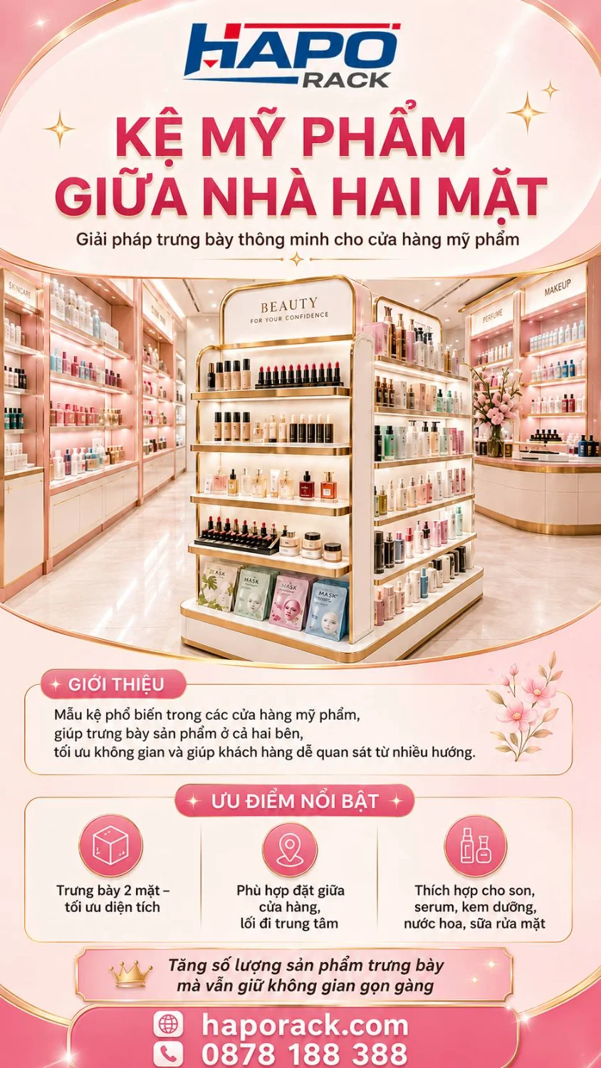 Kệ Mỹ Phẩm Giữa Nhà – Mẫu Kệ Trưng Bày Đẹp Cho Shop Mỹ Phẩm