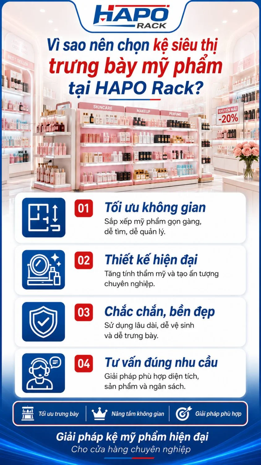 Kệ Siêu Thị Trưng Bày Mỹ Phẩm Đẹp, Hiện Đại Tại HAPO Rack