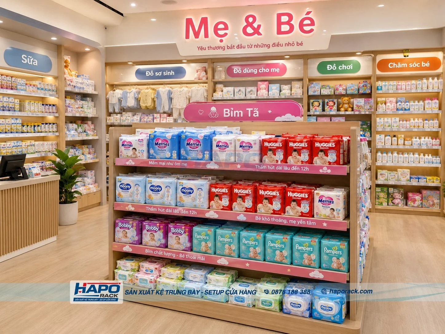 Kệ Trưng Bày Bỉm Tã Cho Shop Mẹ & Bé Tiết Kiệm Diện Tích