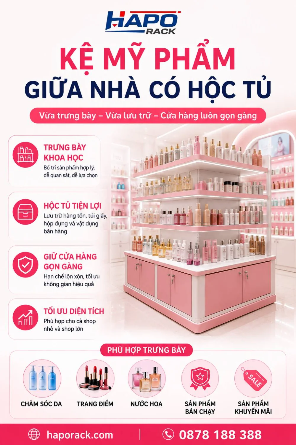 Kệ Trưng Bày Mỹ Phẩm Giữa Nhà – Thiết Kế Đẹp, Bền, Tiện Dụng