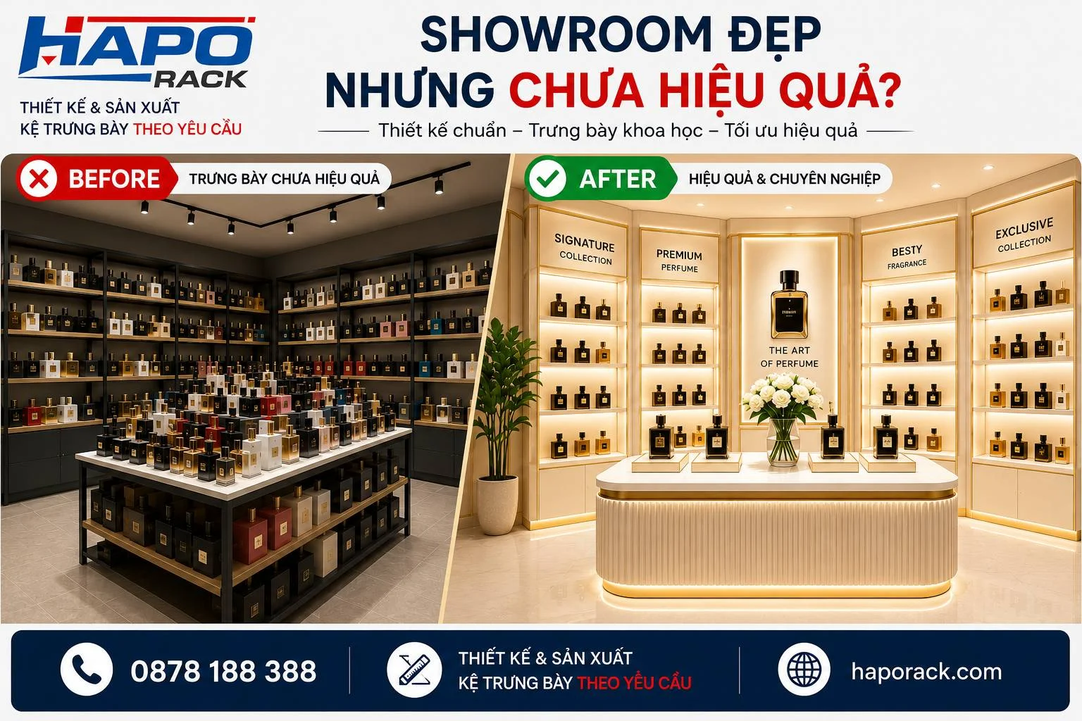 Kệ Trưng Bày Nước Hoa Sang Trọng – Thiết Kế 3D Thực Tế, Sản Xuất Theo Bản Vẽ
