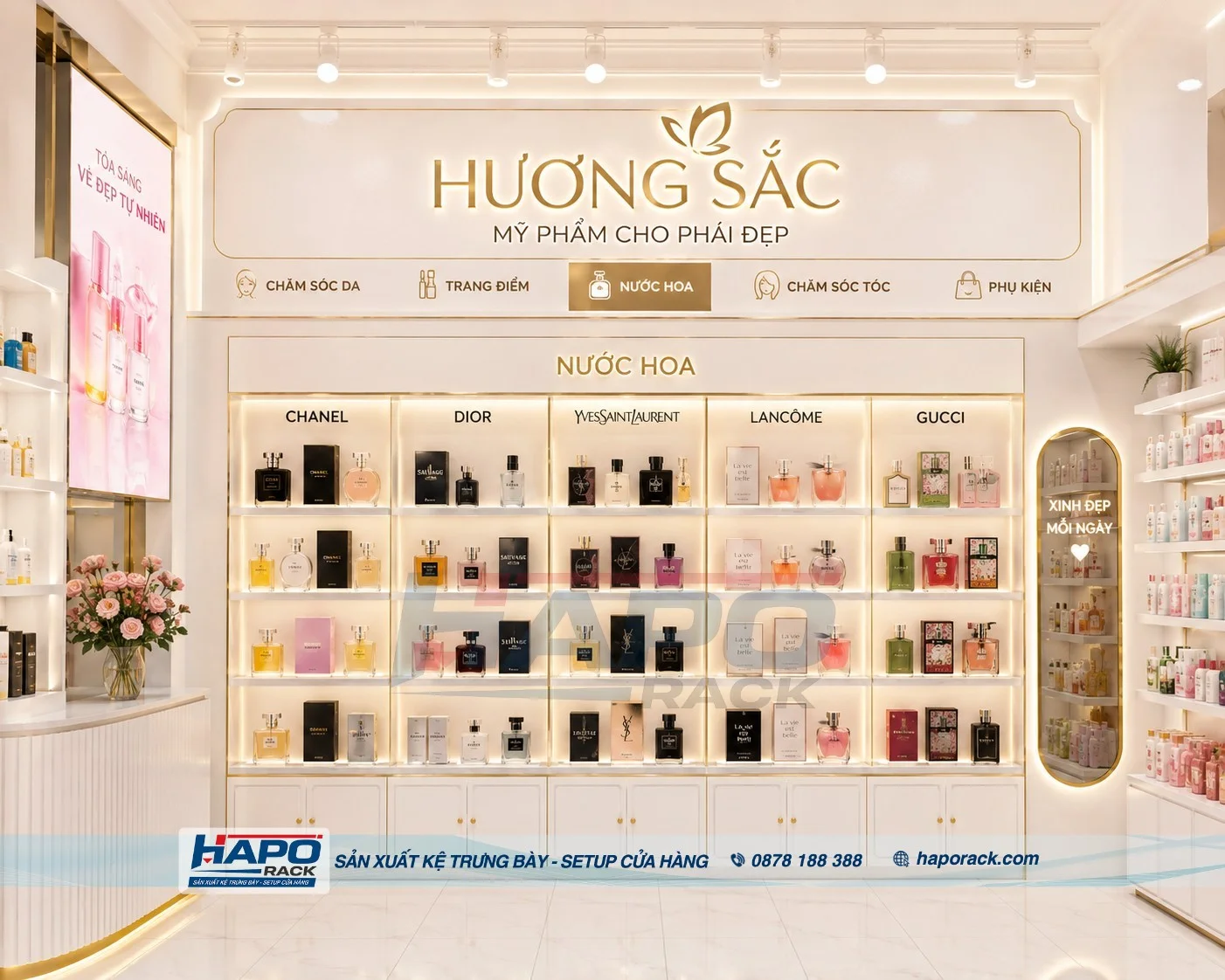 Kệ Trưng Bày Nước Hoa Thương Hiệu – Thiết Kế 3D Sáng Tạo, Sản Xuất Giá Xưởng