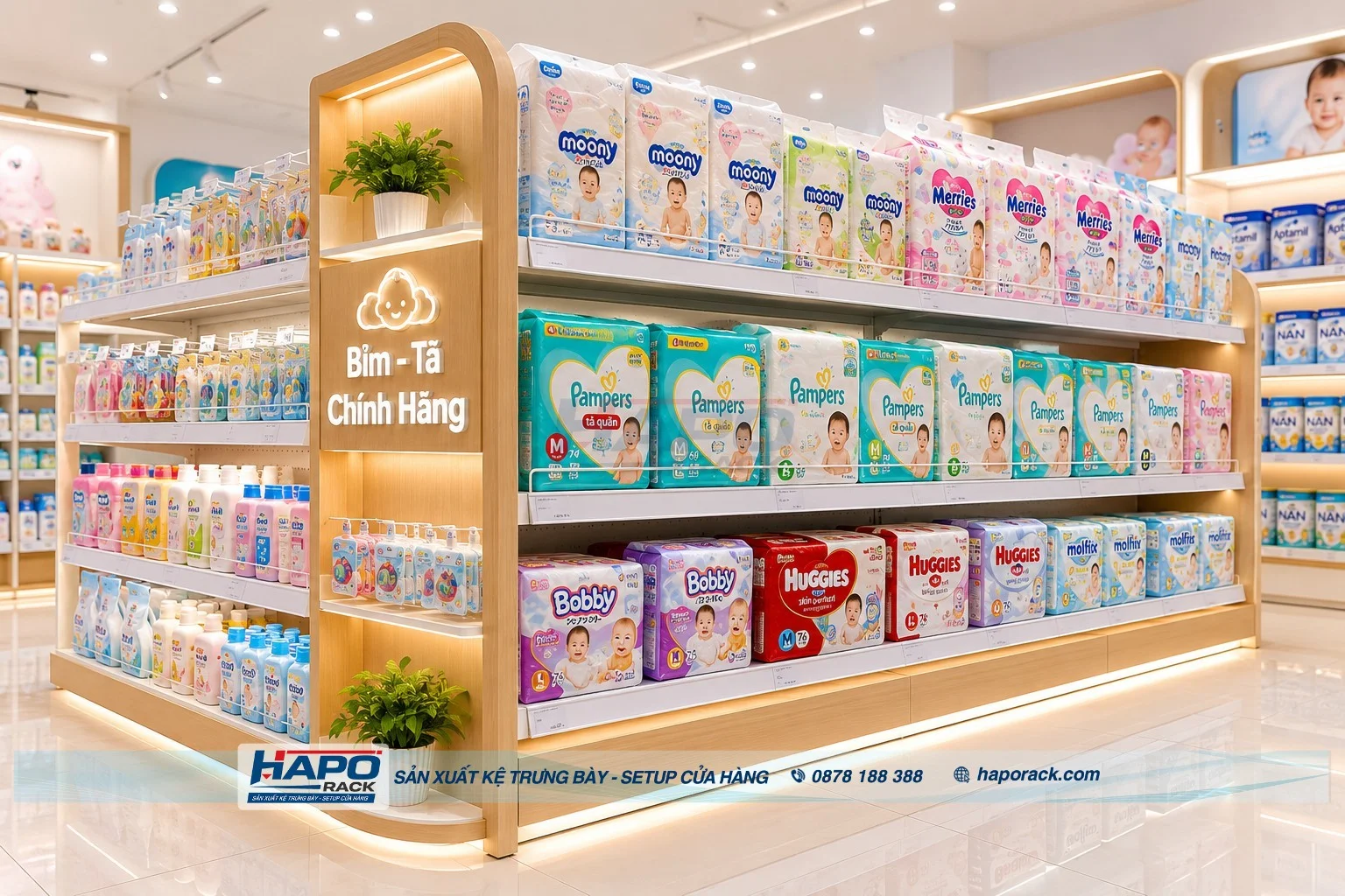 Mẫu Kệ Bỉm Tã Cho Cửa Hàng Mẹ & Bé Tối Ưu Không Gian