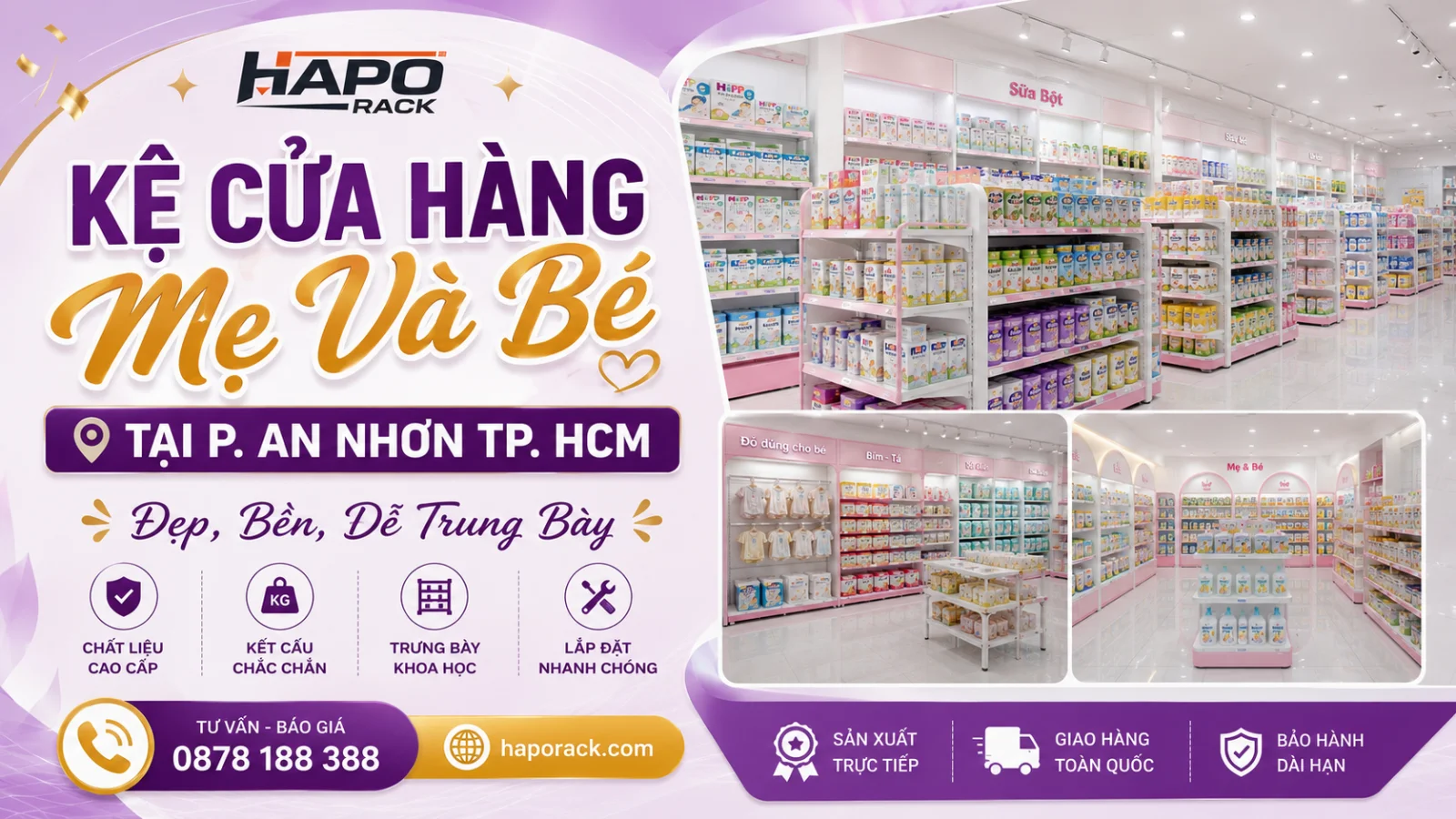 Kệ Trưng Bày Cửa Hàng Mẹ Và Bé Tại P. An Nhơn TP. HCM Phân Khu Rõ Ràng, Dễ Kiểm Soát
