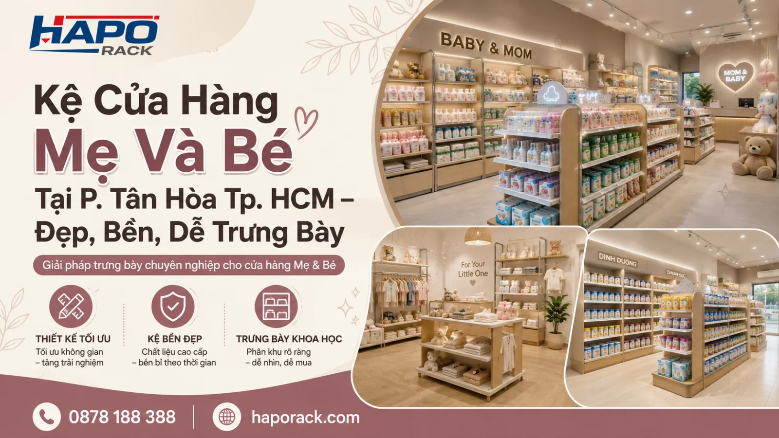 Kệ Trưng Bày Cửa Hàng Mẹ Và Bé Tại P. Tân Hòa TP. HCM – Linh Hoạt, Dễ Thay Đổi Cách Trưng Bày
