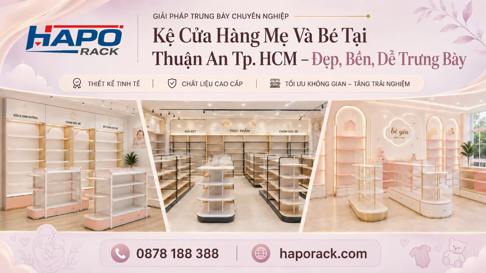 Kệ Trưng Bày Cửa Hàng Mẹ Và Bé Tại P. Thuận An TP. HCM – Đẹp, Chắc Chắn, Dễ Sắp Xếp