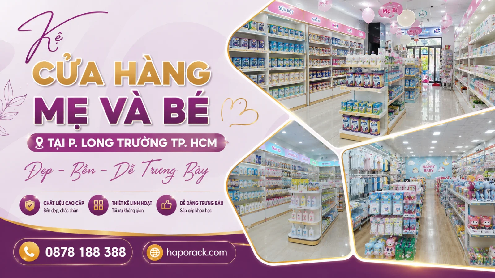 Top Mẫu Kệ Trưng Bày Cửa Hàng Mẹ Và Bé Tại P. Long Trường TP. HCM Gọn Gàng, Tiện Dụng
