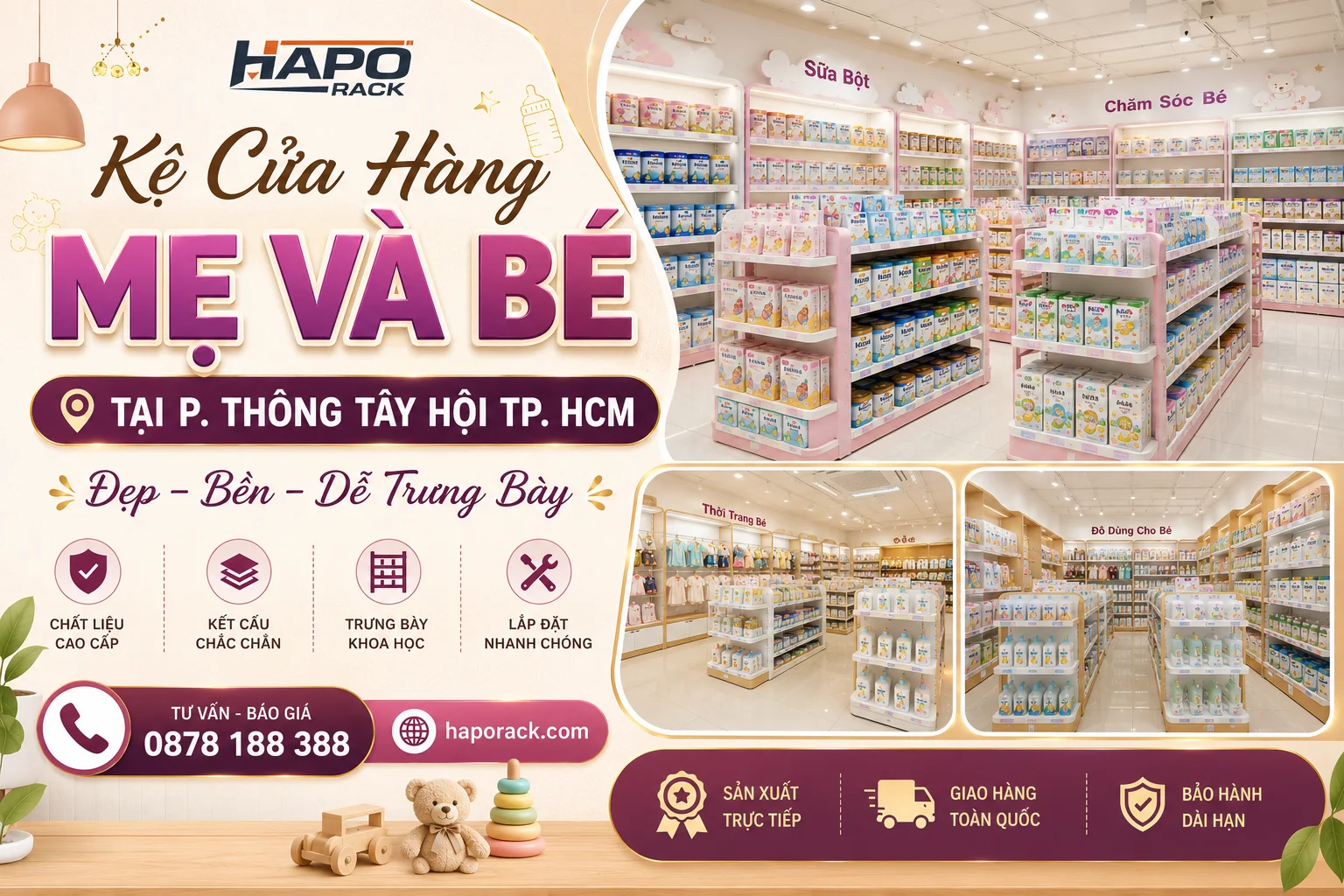 Top Mẫu Kệ Trưng Bày Cửa Hàng Mẹ Và Bé Tại P. Thông Tây Hội TP. HCM Gọn Đẹp, Tiện Dụng
