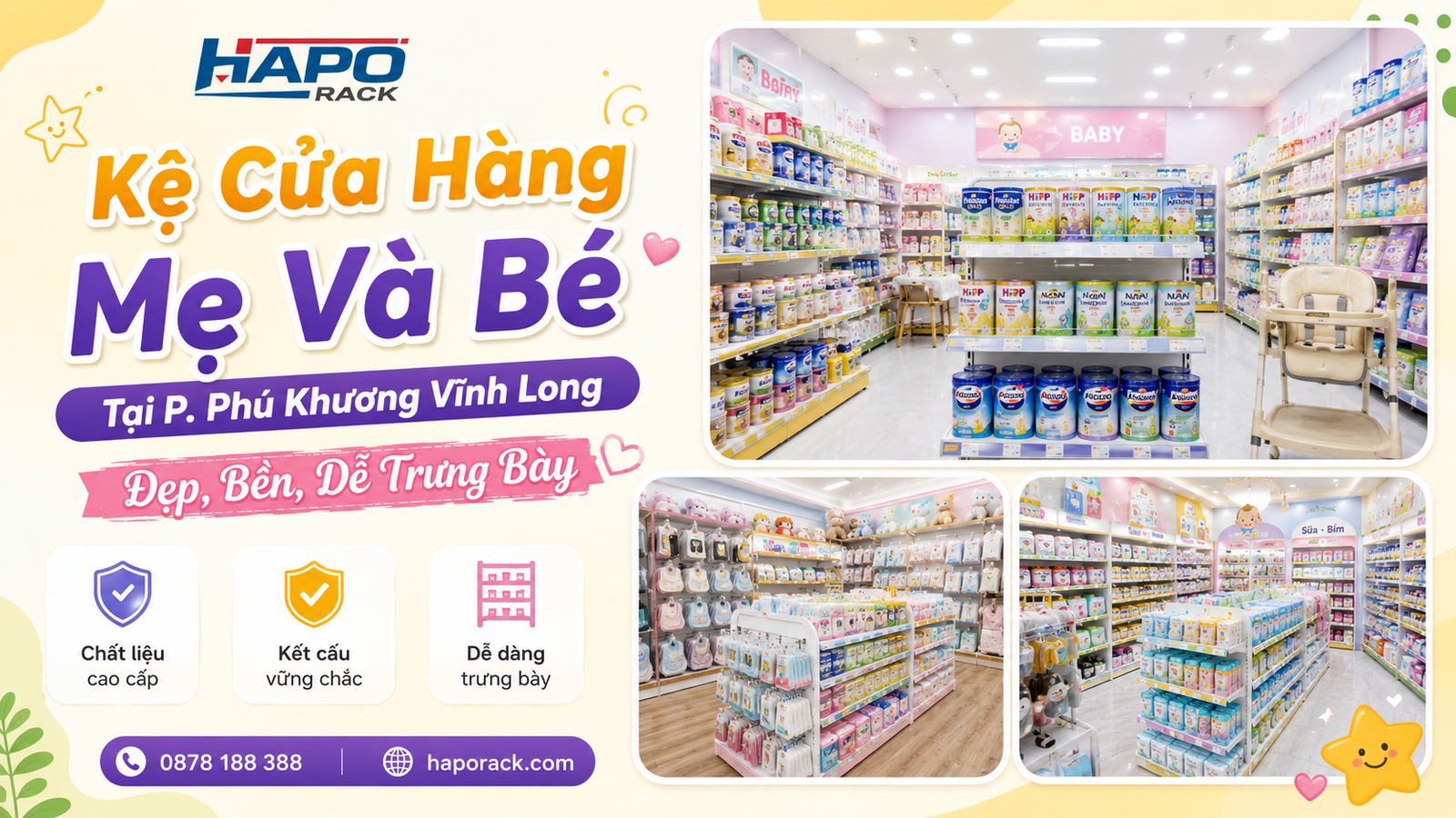 Thi Công Kệ Shop Mẹ Và Bé Tại P. Phú Khương Vĩnh Long – Hiện Đại, Tối Ưu Không Gian