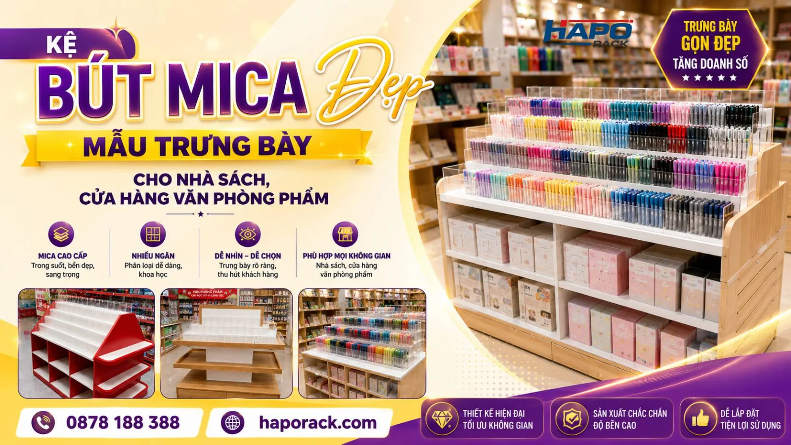 Kệ Bút Nhiều Ngăn Kết Hợp Mica – Mẫu Trưng Bày Đẹp Cho Nhà Sách