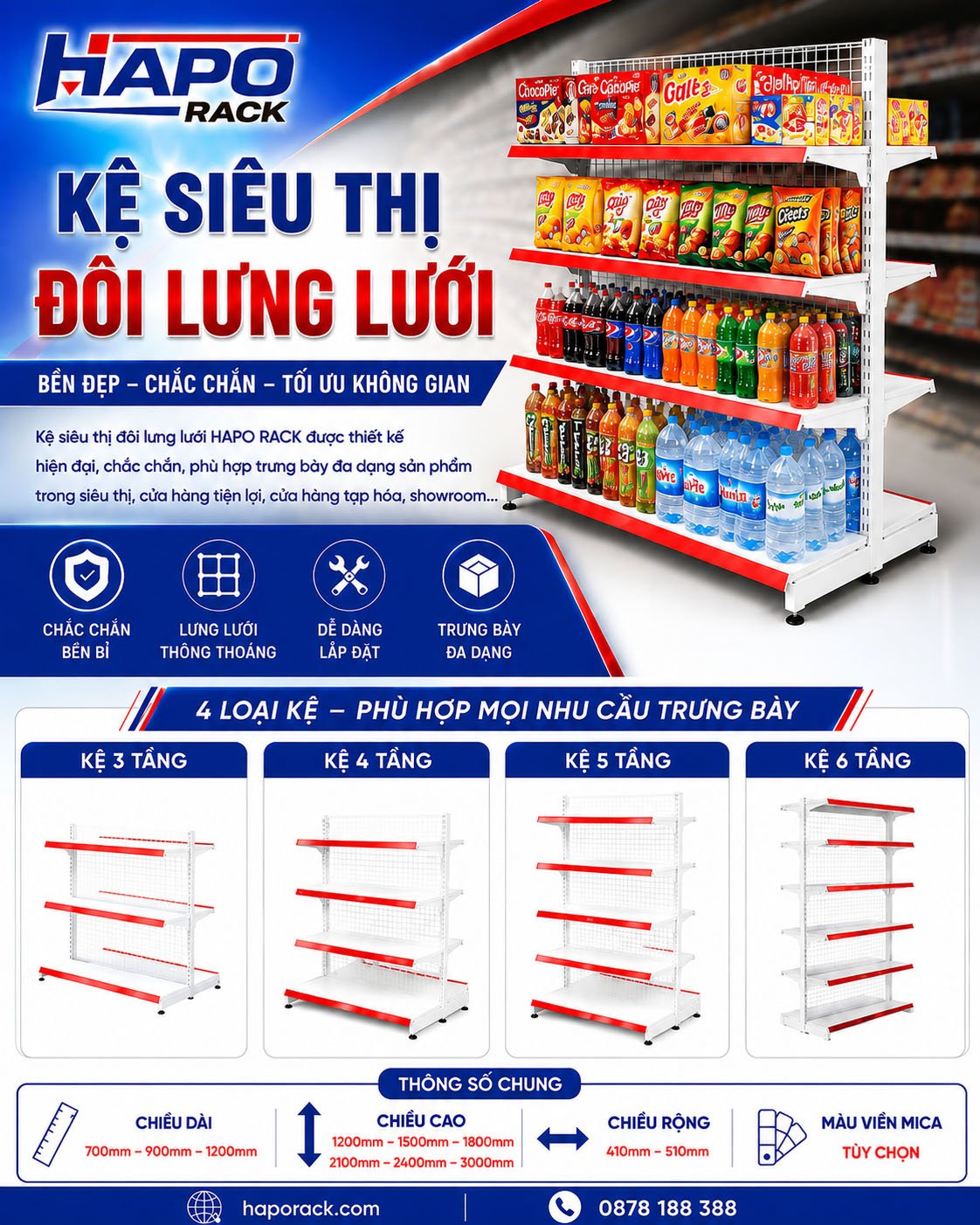 Thông số và các mẫu kệ siêu thị đôi lưng lưới HAPO Rack.