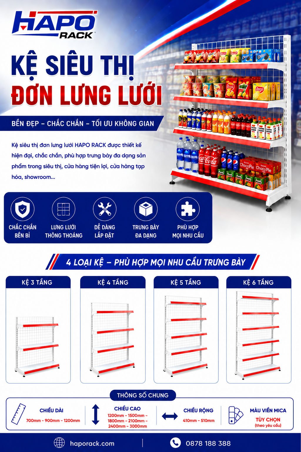 Thông số và các mẫu kệ siêu thị đơn lưng lưới HAPO Rack.