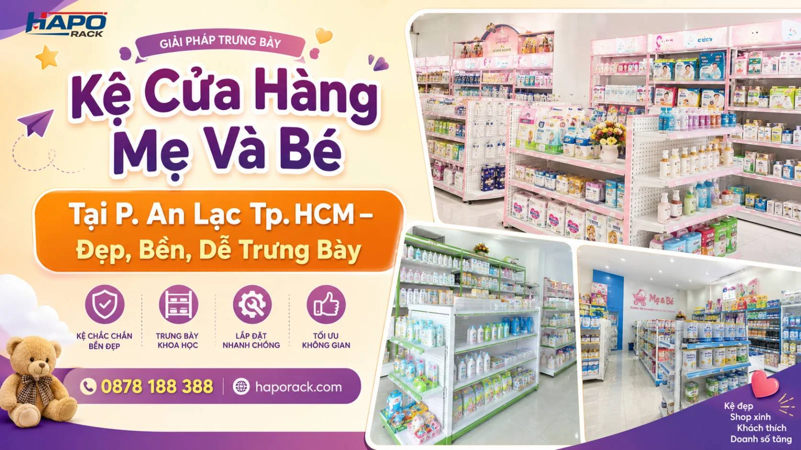 Kệ Trưng Bày Cửa Hàng Mẹ Và Bé Tại P. An Lạc TP. HCM – Thiết Kế Đẹp, Bố Trí Khoa Học