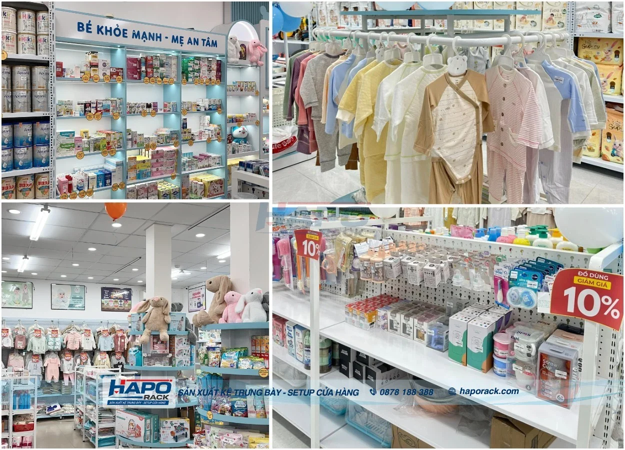 Kệ Trưng Bày Cửa Hàng Mẹ Và Bé Tại P. Bình Tây TP. HCM – Bền Chắc, Dễ Phân Loại Hàng Hóa