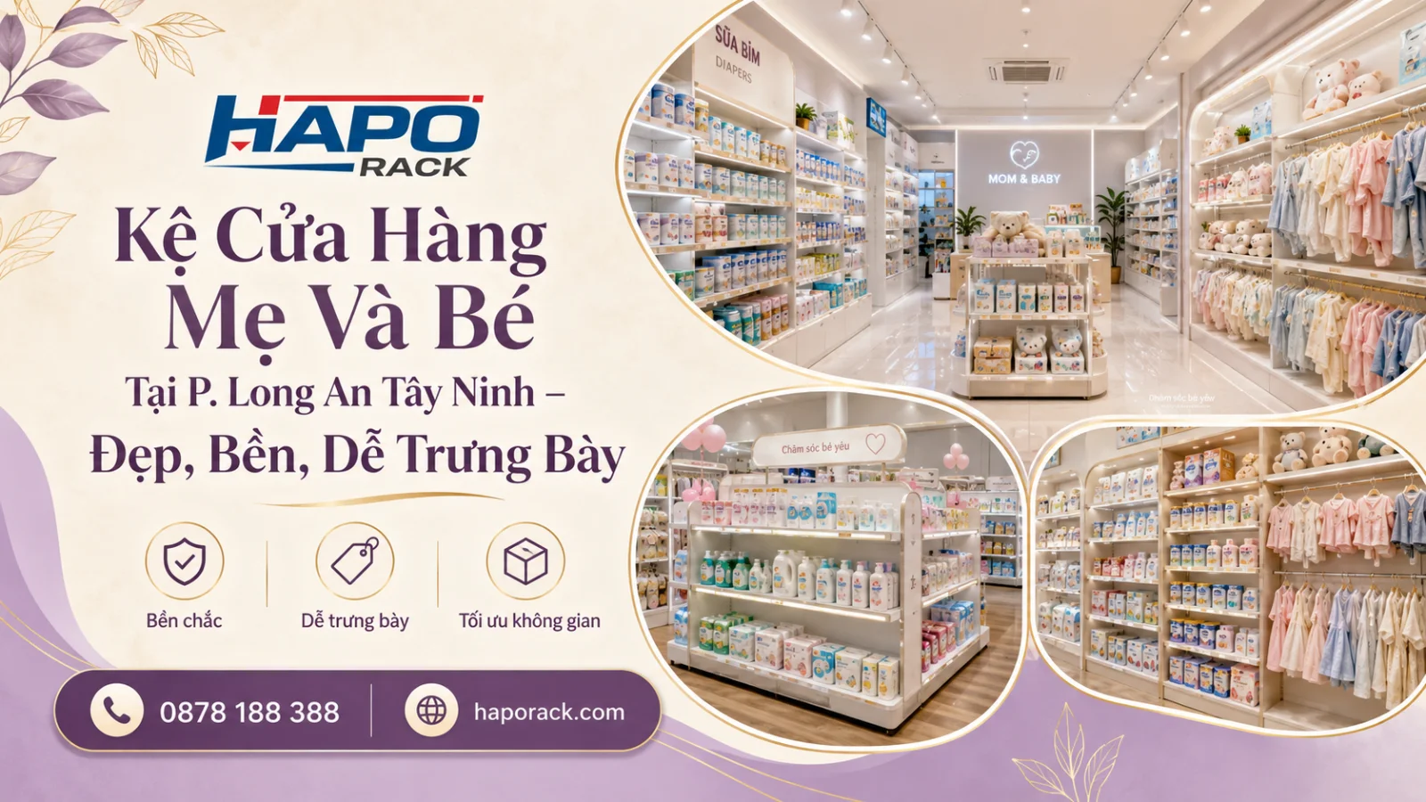 Kệ Trưng Bày Cửa Hàng Mẹ Và Bé Tại P. Long An Tây Ninh – Bền Đẹp, Dễ Vệ Sinh Mặt Kệ