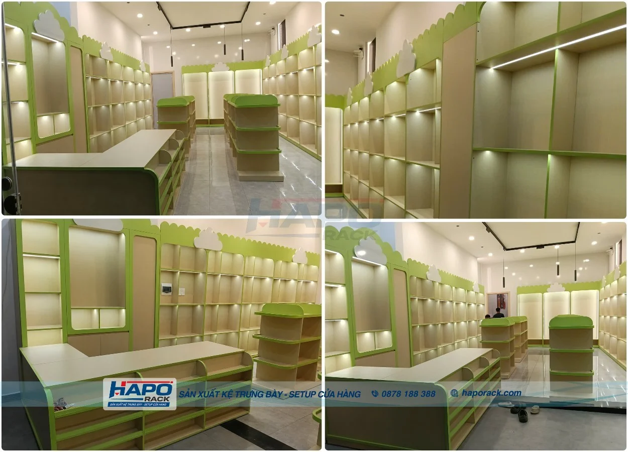 Kệ Trưng Bày Cửa Hàng Mẹ Và Bé Tại P. Long An Tây Ninh – Bền Đẹp, Dễ Vệ Sinh Mặt Kệ