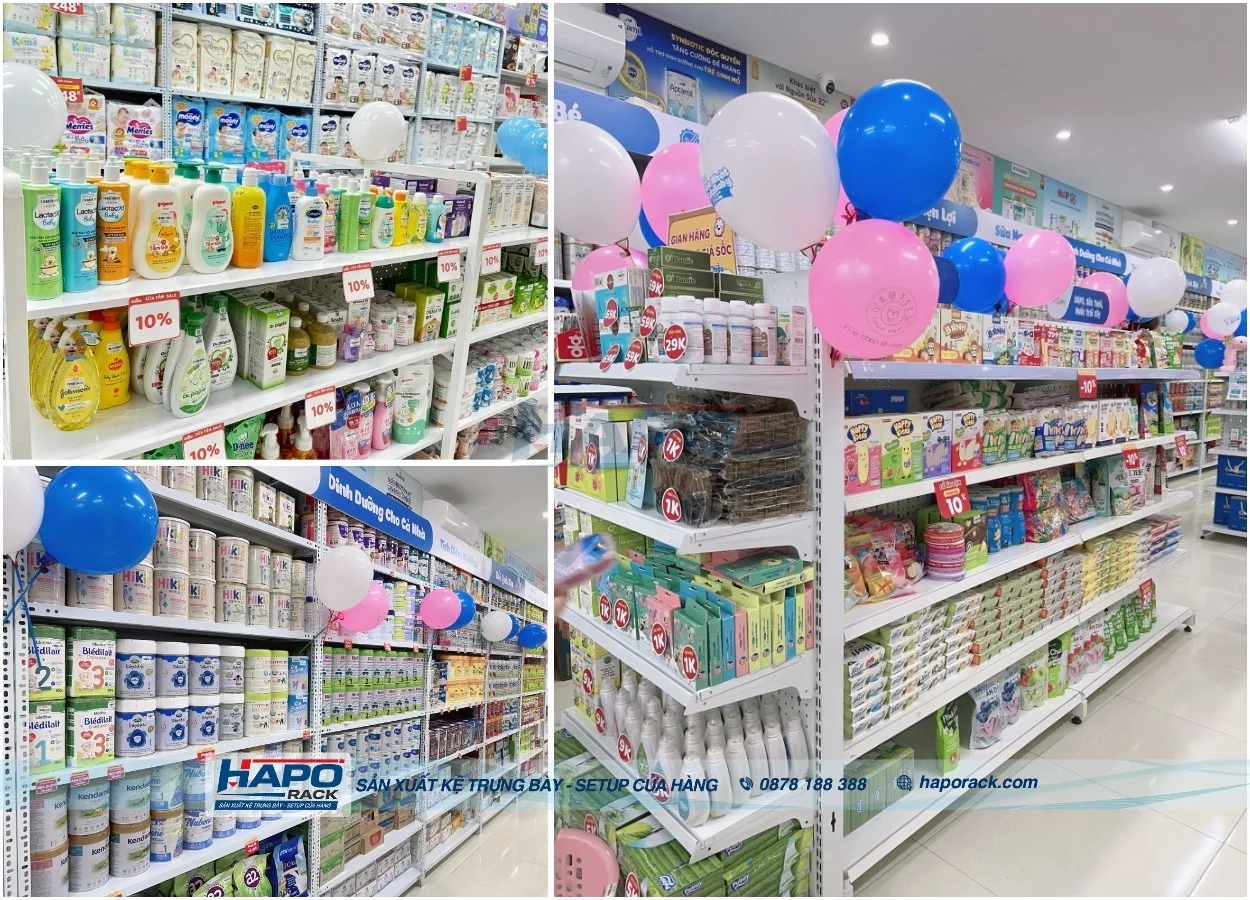 Kệ Trưng Bày Cửa Hàng Mẹ Và Bé Tại P. Long An Tây Ninh – Mẫu Đẹp, Mặt Kệ Bền, Dễ Chăm Sóc