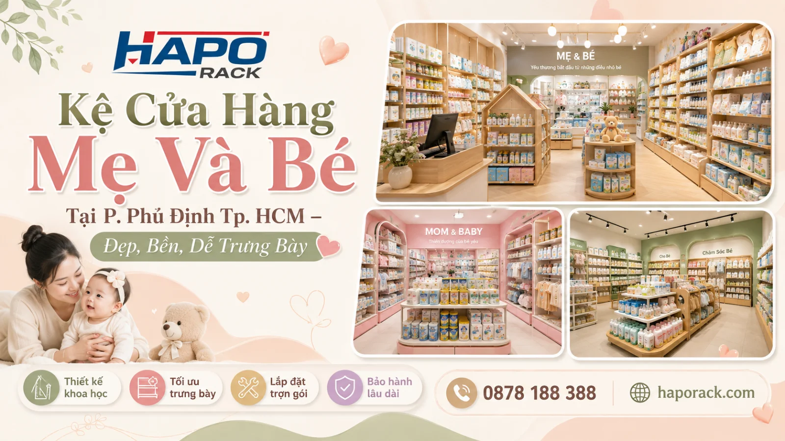 Kệ Trưng Bày Cửa Hàng Mẹ Và Bé Tại P. Phú Định TP. HCM – Bền Đẹp, An Toàn, Dễ Sử Dụng