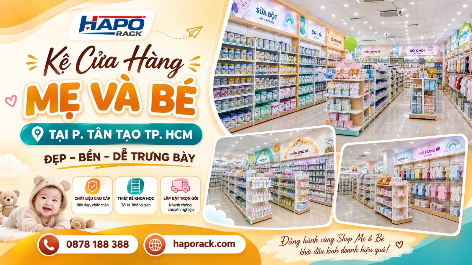 Kệ Trưng Bày Cửa Hàng Mẹ Và Bé Tại P. Tân Tạo TP. HCM – Thiết Kế Đẹp, Bổ Sung Hàng Nhanh