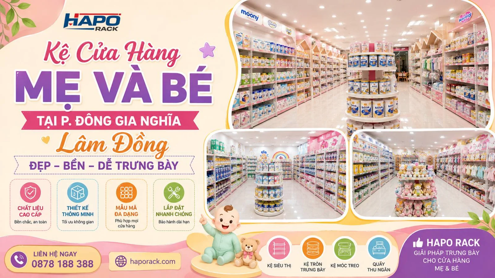 Thiết Kế Kệ Shop Mẹ Và Bé Tại P. Đông Gia Nghĩa Lâm Đồng – Đẹp, Gọn, Dễ Bố Trí Hàng Hóa