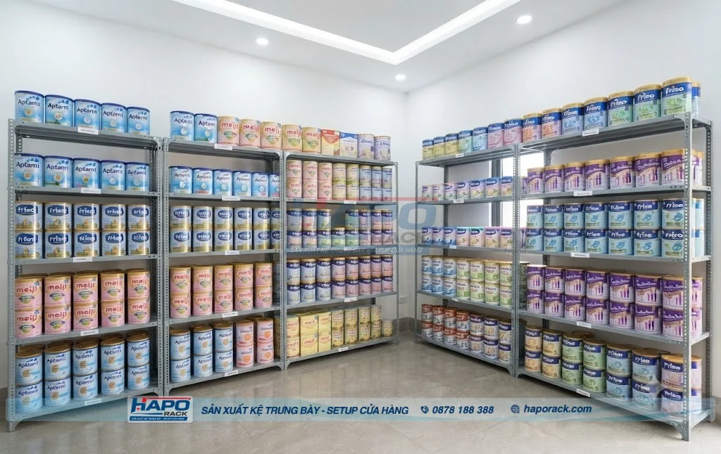 Kệ Cửa Hàng Sữa Bột Nhiều Tầng: Cách Bố Trí Gọn Và Dễ Chọn Hàng