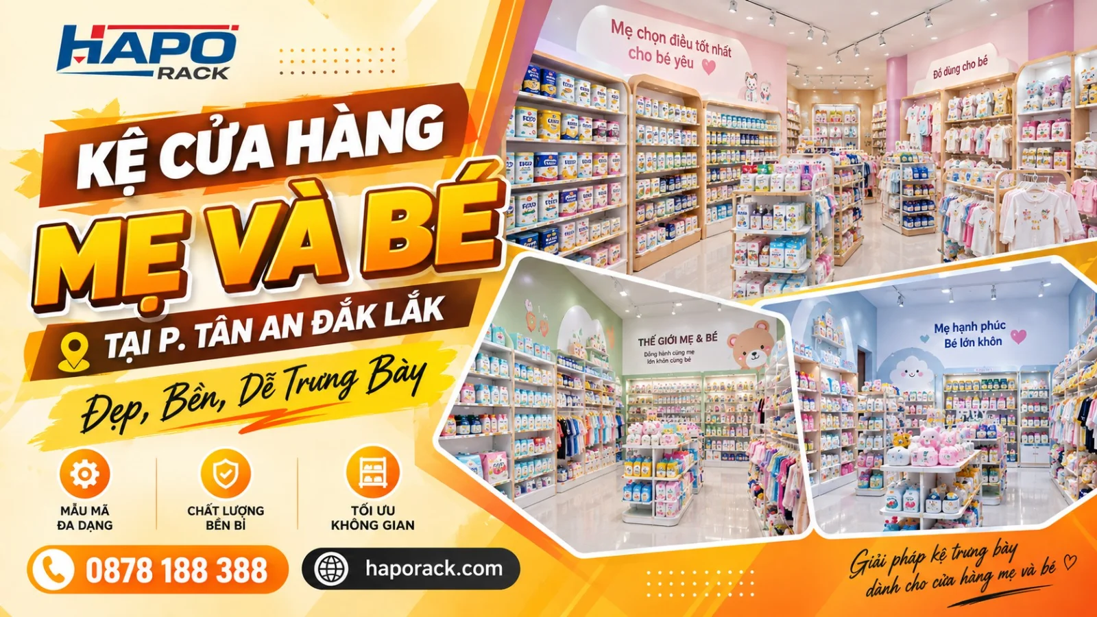 Kệ Shop Mẹ Và Bé Tại P. Tân An Đắk Lắk – Thi Công Theo Yêu Cầu, Dễ Bố Trí