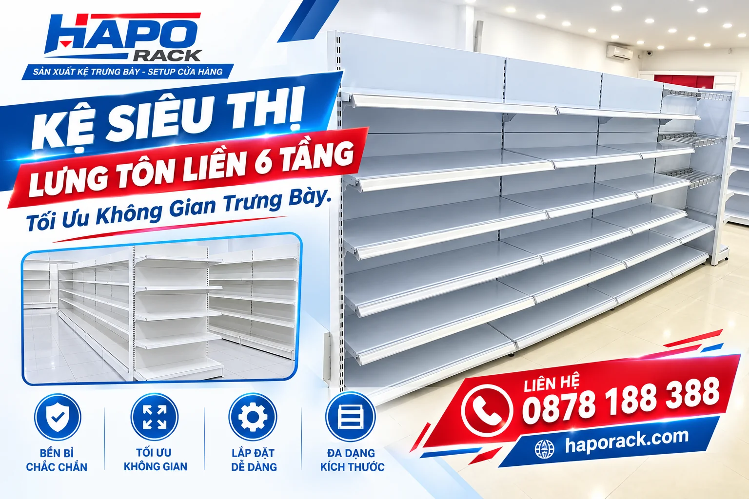 Kệ Siêu Thị Lưng Tôn Liền 6 Tầng – Tối Ưu Không Gian Trưng Bày