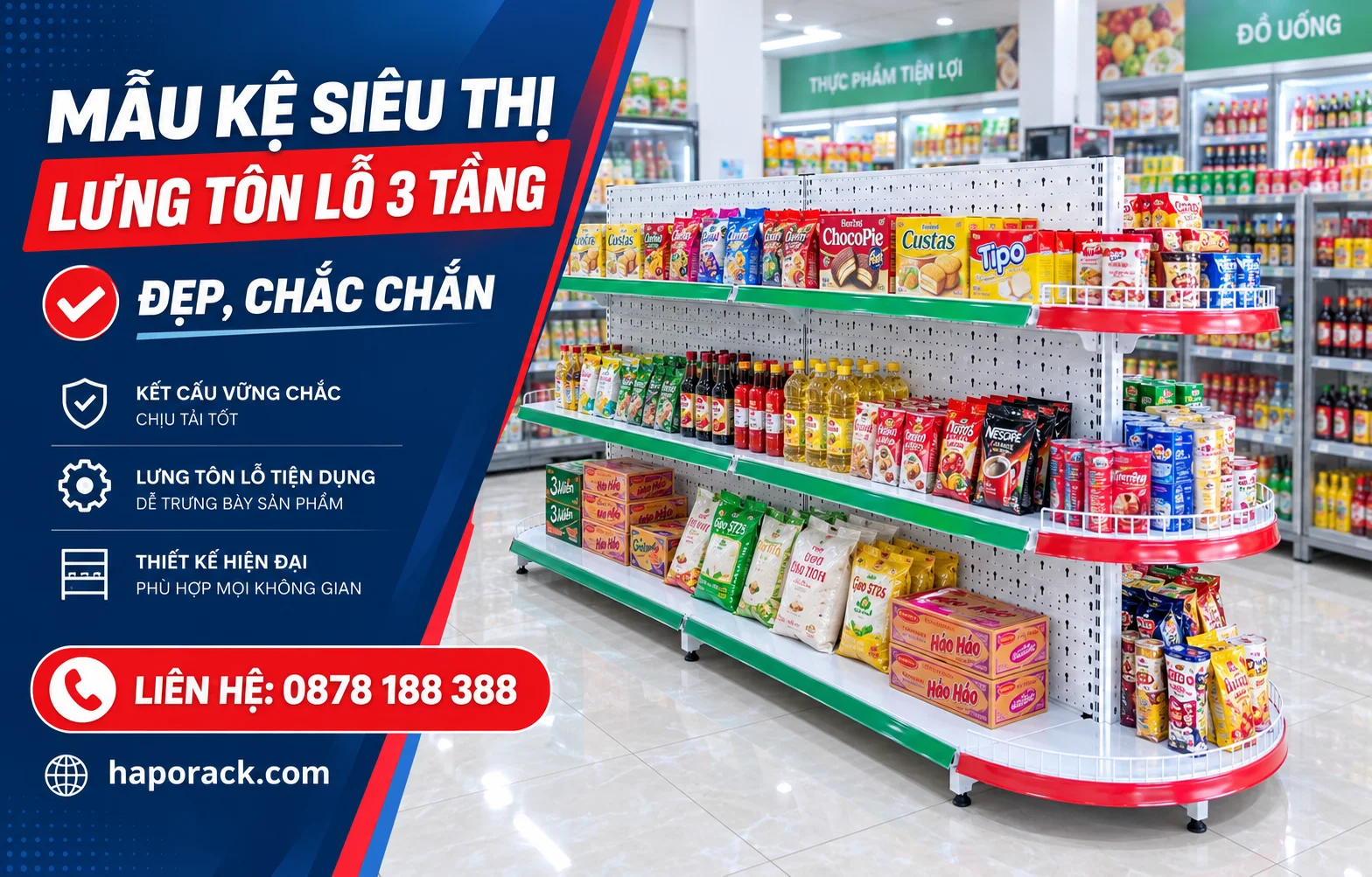 Kệ Siêu Thị Lưng Tôn Lỗ 3 Tầng Đẹp, Bền Chắc